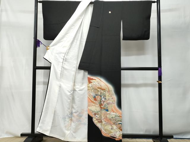 平和屋着物■豪華黒留袖 駒刺繍 扇面風景花文 暈し染め 正絹 逸品 CABA2589fb