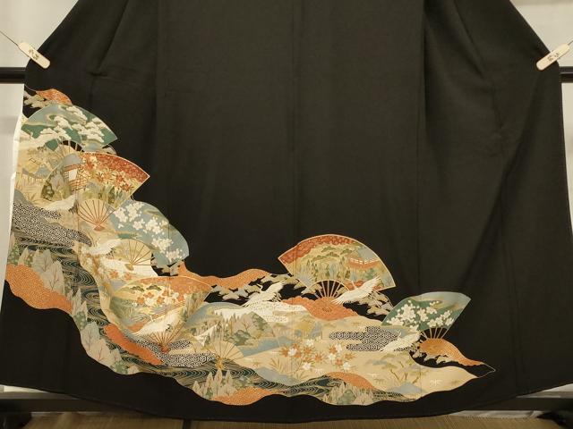 平和屋着物■豪華黒留袖 扇面飛鶴風景文 正絹 逸品 CABA3188in