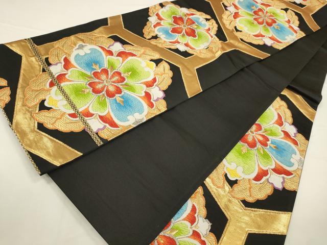平和屋着物◎六通柄袋帯 唐織 正倉院花文 黒地 金銀糸 正絹 逸品 CABA3765qe
