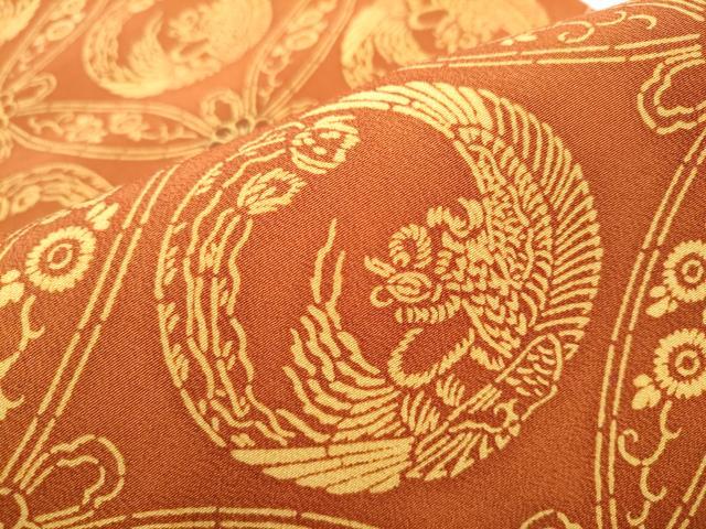 平和屋着物●九寸開き名古屋帯 型染め 鳳凰七宝花文 鬼しぼ縮緬 正絹 逸品 CABA4854hy