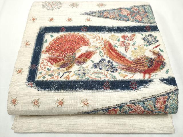 平和屋着物●八寸名古屋帯 紬地 孔雀文 金糸 正絹 逸品 CABA4961hy