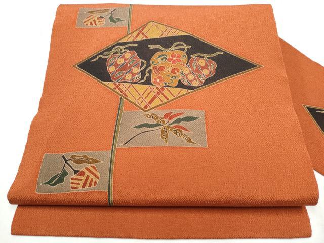 平和屋着物●九寸名古屋帯 刺繍 型染め 成物 鬼しぼ縮緬 正絹 逸品 CABA4963hy