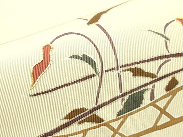 平和屋着物●塩瀬 つけ帯 駒刺繍 草花文 金彩 正絹 逸品 CABA5006hy