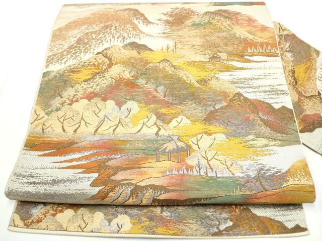 平和屋着物●本場筑前博多織 八寸名古屋帯 遠山風景文 金銀糸 正絹 逸品 CABA5073hy