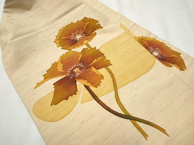 平和屋着物●九寸名古屋帯 作家物 紬地 ろうけつ染 枝花文 正絹 逸品 CABA5096hy