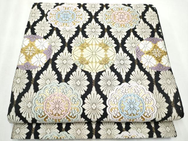 平和屋着物●六通柄袋帯 唐織 綴れ 花丸文 黒地 金糸 正絹 逸品 CABA5181hy