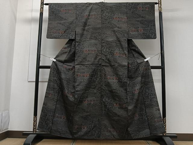 平和屋着物■上質な紬 風景文 黒地 正絹 逸品 CABA5297xi