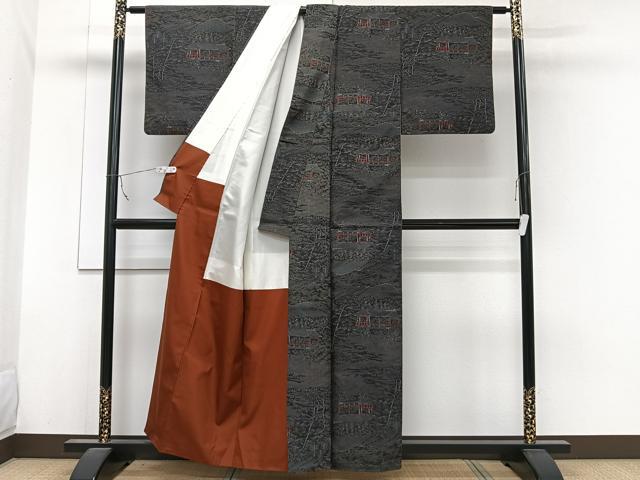 平和屋着物■上質な紬 風景文 黒地 正絹 逸品 CABA5297xi