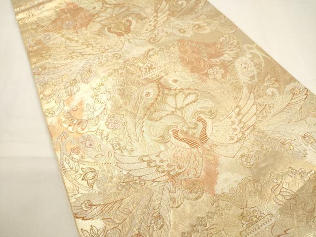 平和屋着物▼六通柄 本袋帯 更紗孔雀吉祥花文 金糸 引箔 正絹 逸品 CABA5728ak