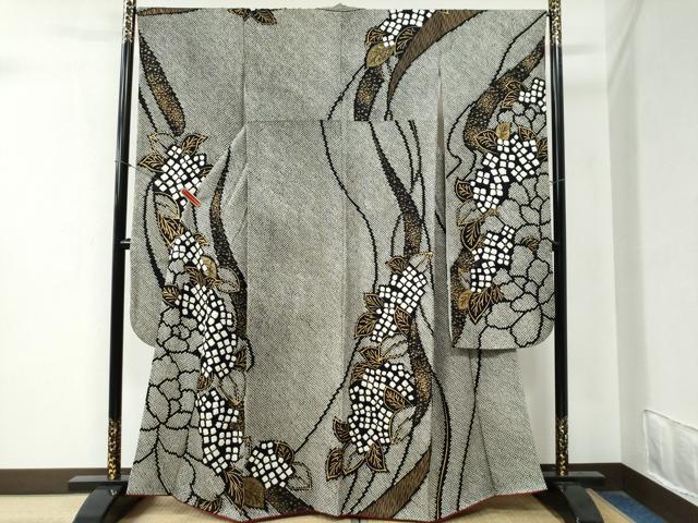 平和屋着物●豪華振袖 総絞り 草花文 黒地 金彩 正絹 逸品 CABA6256yc