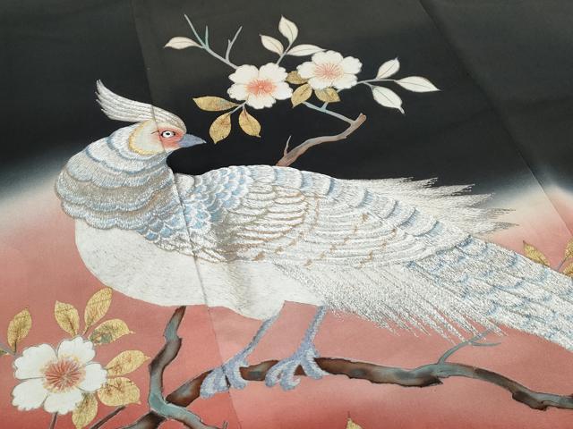 平和屋着物▼豪華黒留袖 刺繍 尾長鶏花文 暈し染め 金彩 正絹 逸品 CABA6764th