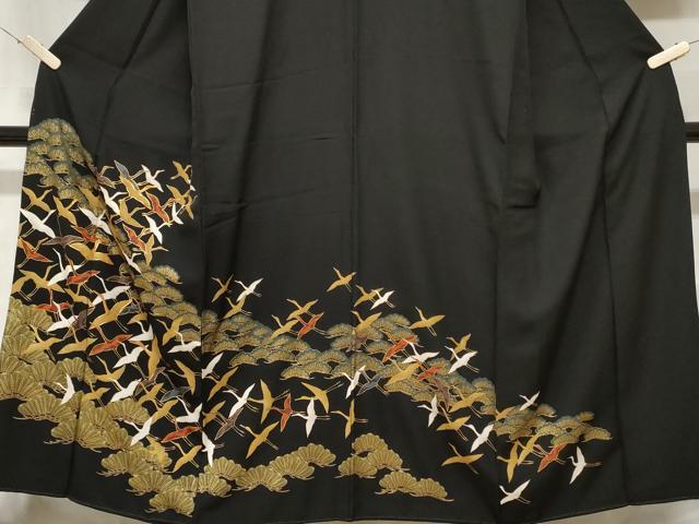 平和屋着物■豪華黒留袖 駒刺繍 松葉飛鶴文 金彩 正絹 逸品 CABA7553ev