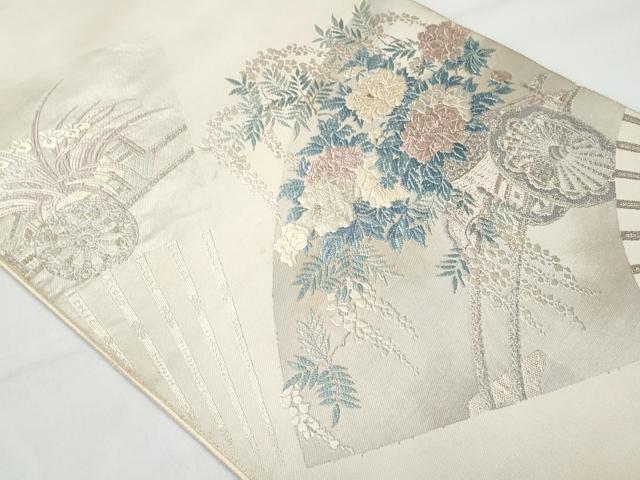 平和屋着物◎六通柄袋帯 扇面花車文 銀糸 正絹 逸品 CABA7953fb