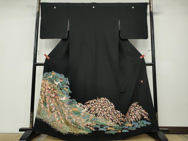 平和屋着物●豪華黒留袖 友禅 作家物 飛鶴風景草花文 正絹 逸品 CABA8024ut