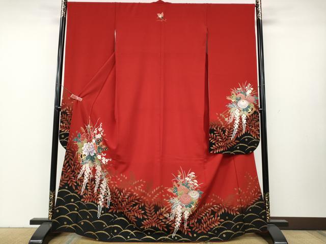 平和屋着物●豪華振袖 舞蝶花車文 金彩 洗える着物 CABA8101ut