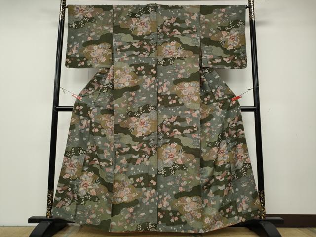 平和屋着物●上質な小紋 紬地 雲取り舞蝶花文 正絹 逸品 CABA8147ut