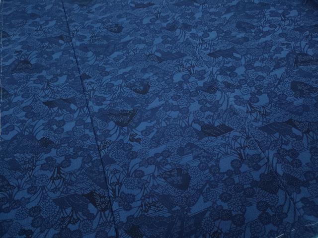 平和屋着物●上質な小紋 作家物 藍 型染め 遠山草花文 鬼しぼ縮緬 正絹 逸品 CABA8171ut