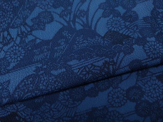 平和屋着物●上質な小紋 作家物 藍 型染め 遠山草花文 鬼しぼ縮緬 正絹 逸品 CABA8171ut