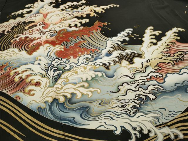 平和屋着物●セミアンティーク 黒留袖 刺繍 立波文 金彩 正絹 逸品 CABA8188ut