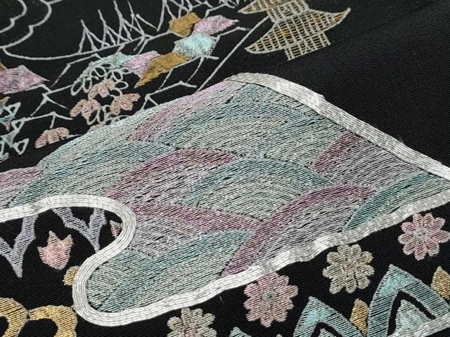 平和屋着物▼豪華黒留袖 駒刺繍 遠山風景文 正絹 逸品 CABA8715th