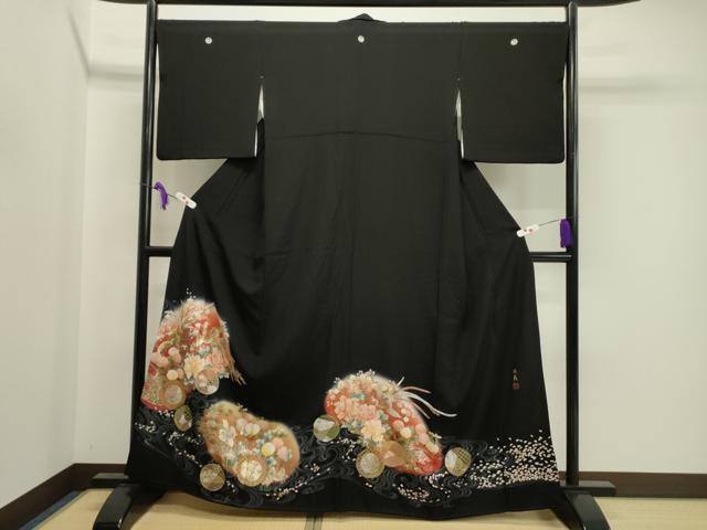 平和屋着物●伝統工芸士 村井紀夫 黒留袖 流水尾長鳥花丸文 暈し染め 金銀彩 正絹 逸品 CABA8857dy