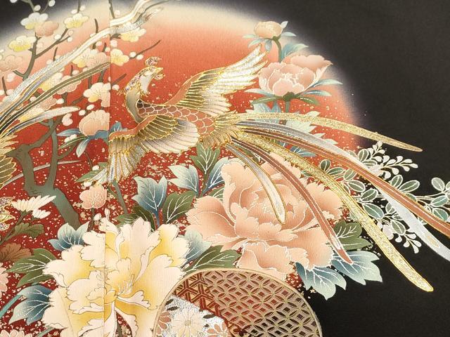 平和屋着物●伝統工芸士 村井紀夫 黒留袖 流水尾長鳥花丸文 暈し染め 金銀彩 正絹 逸品 CABA8857dy