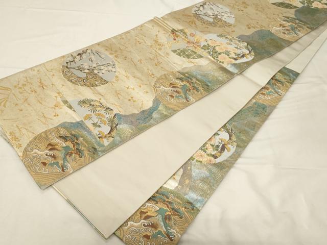 平和屋着物▼六通柄袋帯 立波草花丸文 金銀糸 引箔 正絹 逸品 CABA8940dy