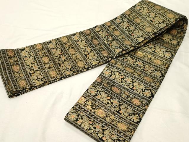 平和屋着物●半幅帯 紬地 更紗花鳥文 黒地 金彩 正絹 逸品 未使用 CABA9116dy