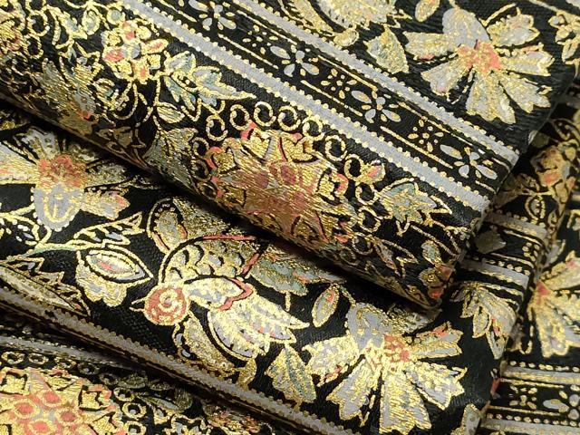 平和屋着物●半幅帯 紬地 更紗花鳥文 黒地 金彩 正絹 逸品 未使用 CABA9116dy