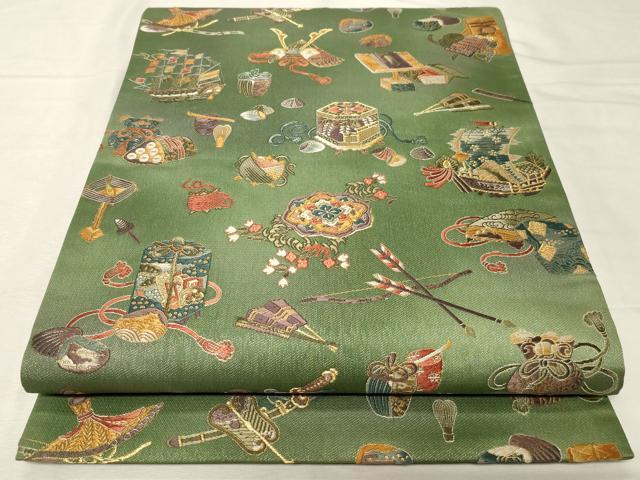 平和屋着物●六通柄袋帯　唐織　宝尽くし文　金糸　正絹　逸品　CABA9137dy 平和屋着物○六通柄袋帯 唐織 宝尽くし文 金糸 正絹 逸品 CABA9137dy