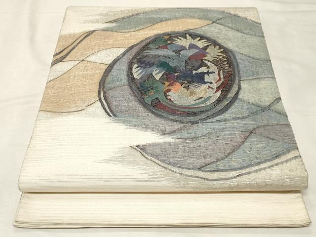 平和屋着物●手織綴れ　山鹿清華　太鼓柄袋帯　すくい織　花鳥絵皿文　金銀糸　正絹　逸品　CABA9138dy 平和屋着物○手織綴れ 山鹿清華 太鼓柄袋帯 すくい織 花鳥絵皿