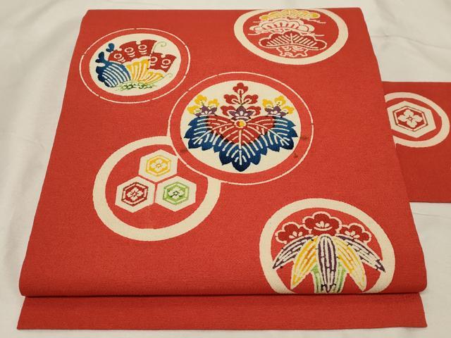 平和屋着物●九寸名古屋帯　型染め　松竹梅　舞蝶丸文　鬼しぼ縮緬　正絹　逸品　未使用　CABA9191dy 平和屋着物○九寸名古屋帯 型染め 松竹梅 舞蝶丸文 鬼しぼ