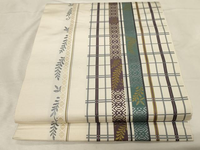平和屋着物●本場筑前博多織 八寸名古屋帯 格子草木文 献上 正絹 逸品 CABA9200dy