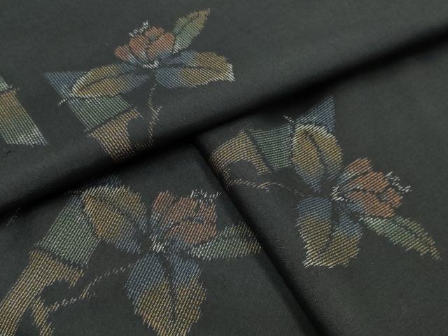 平和屋着物●上質な紬 枝花文 黒地 正絹 逸品 CABA9768gh