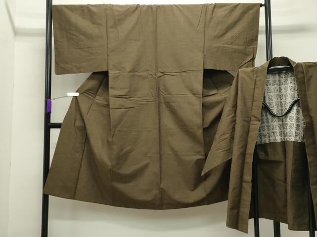 平和屋着物●男性 紬 アンサンブル 霞文 鶯茶色 正絹 逸品 CABA9843gh