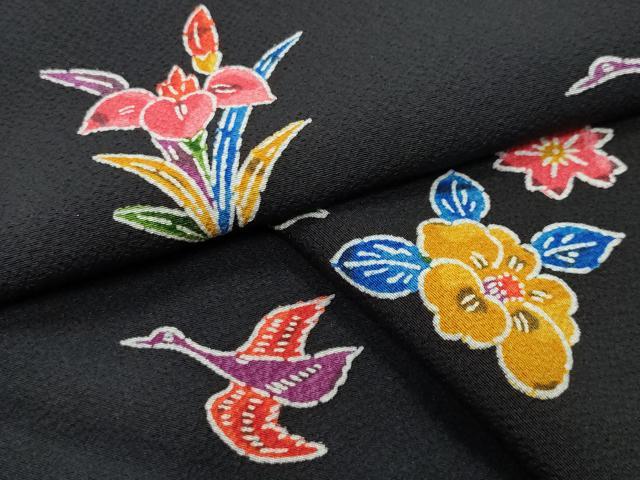 極美品　正絹　小紋　エビ柄　黒　着丈165 平和屋着物○上質な小紋 型染め 飛鶴松竹梅文 黒地 正絹 逸品