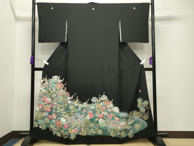 平和屋着物●豪華黒留袖　友禅　作家物　尾長鳥草花文　正絹　逸品　CAAZ3401yc 平和屋着物○豪華黒留袖 友禅 作家物 尾長鳥松花文 暈し