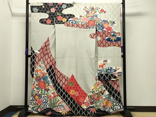 平和屋着物●豪華振袖　型染め　鳳凰花文　鬼しぼ縮緬　正絹　逸品　CABA9927gh 平和屋着物○豪華振袖 型染め 鳳凰花文 鬼しぼ縮緬 正絹 逸品