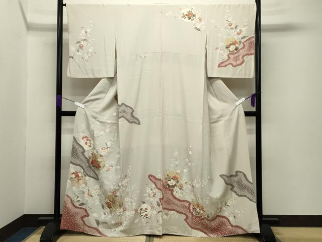 平和屋着物○訪問着 駒刺繍 絞り 雪輪花文 金彩 正絹 逸品 CABB0014gh