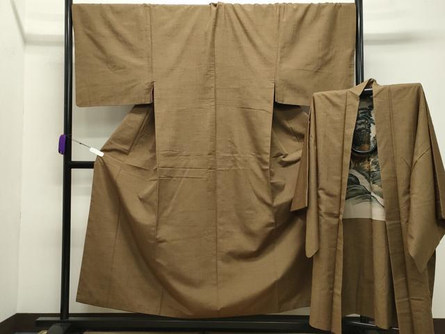 平和屋着物●男性 紬 アンサンブル 路考茶色 キングサイズ 正絹 逸品 CABB0054gh