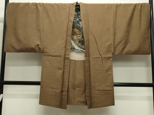 平和屋着物●男性 紬 アンサンブル 路考茶色 キングサイズ 正絹 逸品 CABB0054gh