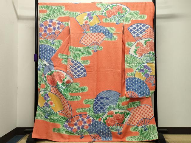 平和屋着物●名門 藤娘きぬたや・総絞り 振袖 エ霞扇面花文 正絹 逸品 CABB0075gh
