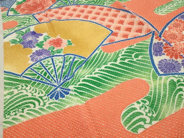 平和屋着物●名門 藤娘きぬたや・総絞り 振袖 エ霞扇面花文 正絹 逸品 CABB0075gh
