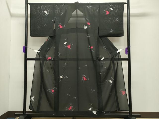平和屋着物*夏物 小紋 絽 溢れ松葉舞葉文 黒地 正絹 逸品 CABB0149gh