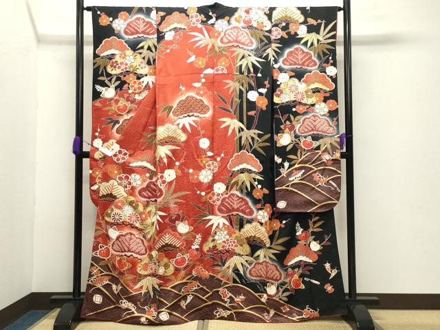 平和屋着物●豪華振袖 駒刺繍 絞り 宝尽くし松竹梅文 暈し染め 黒地 金彩 正絹 逸品 CABB0172gh