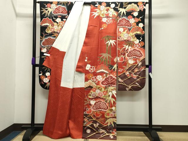 平和屋着物●豪華振袖 駒刺繍 絞り 宝尽くし松竹梅文 暈し染め 黒地 金彩 正絹 逸品 CABB0172gh