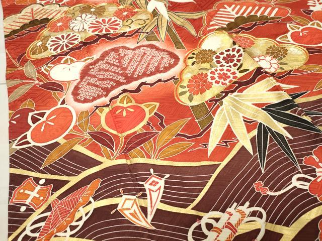 平和屋着物●豪華振袖 駒刺繍 絞り 宝尽くし松竹梅文 暈し染め 黒地 金彩 正絹 逸品 CABB0172gh