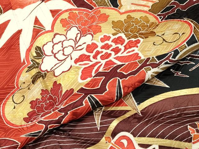 平和屋着物●豪華振袖 駒刺繍 絞り 宝尽くし松竹梅文 暈し染め 黒地 金彩 正絹 逸品 CABB0172gh