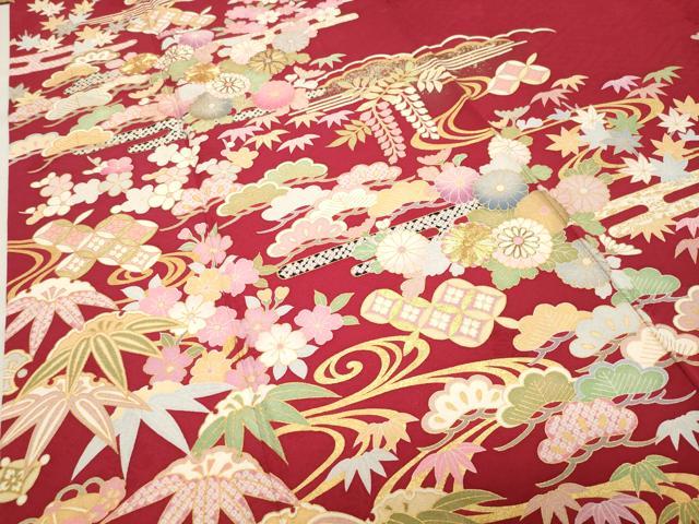 平和屋着物●豪華振袖 駒刺繍 流水松竹梅文 金彩 正絹 逸品 CABB0173gh