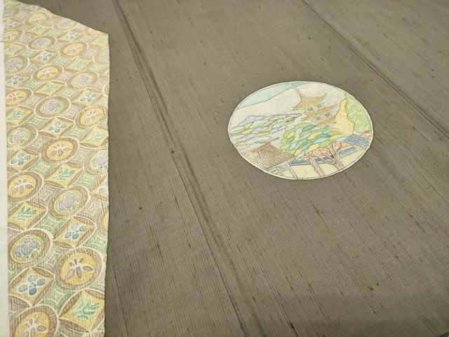 平和屋着物●手彫木版染 佐伯武晴 訪問着 紬地 風景飛鳥文 正絹 逸品 CABB0195gh